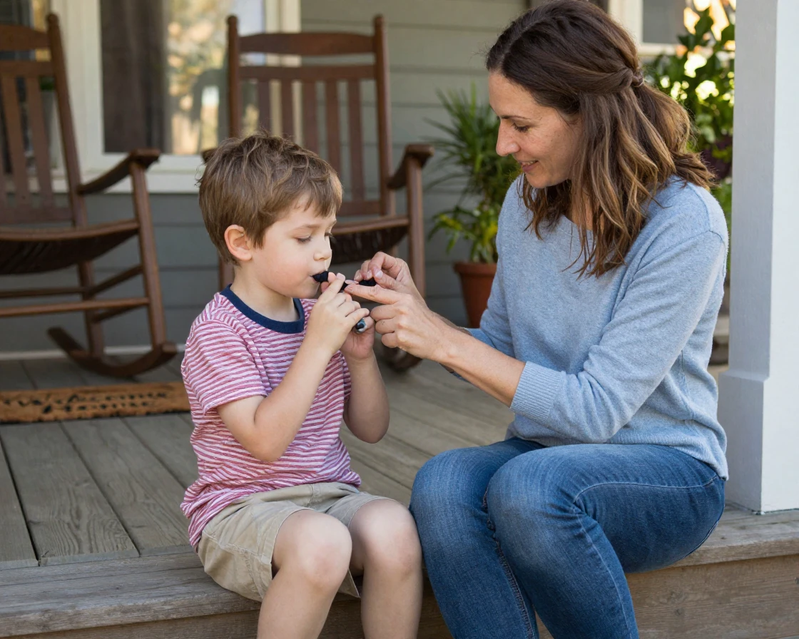 A mother teaches her son to whistle using two fingers on a porch step.