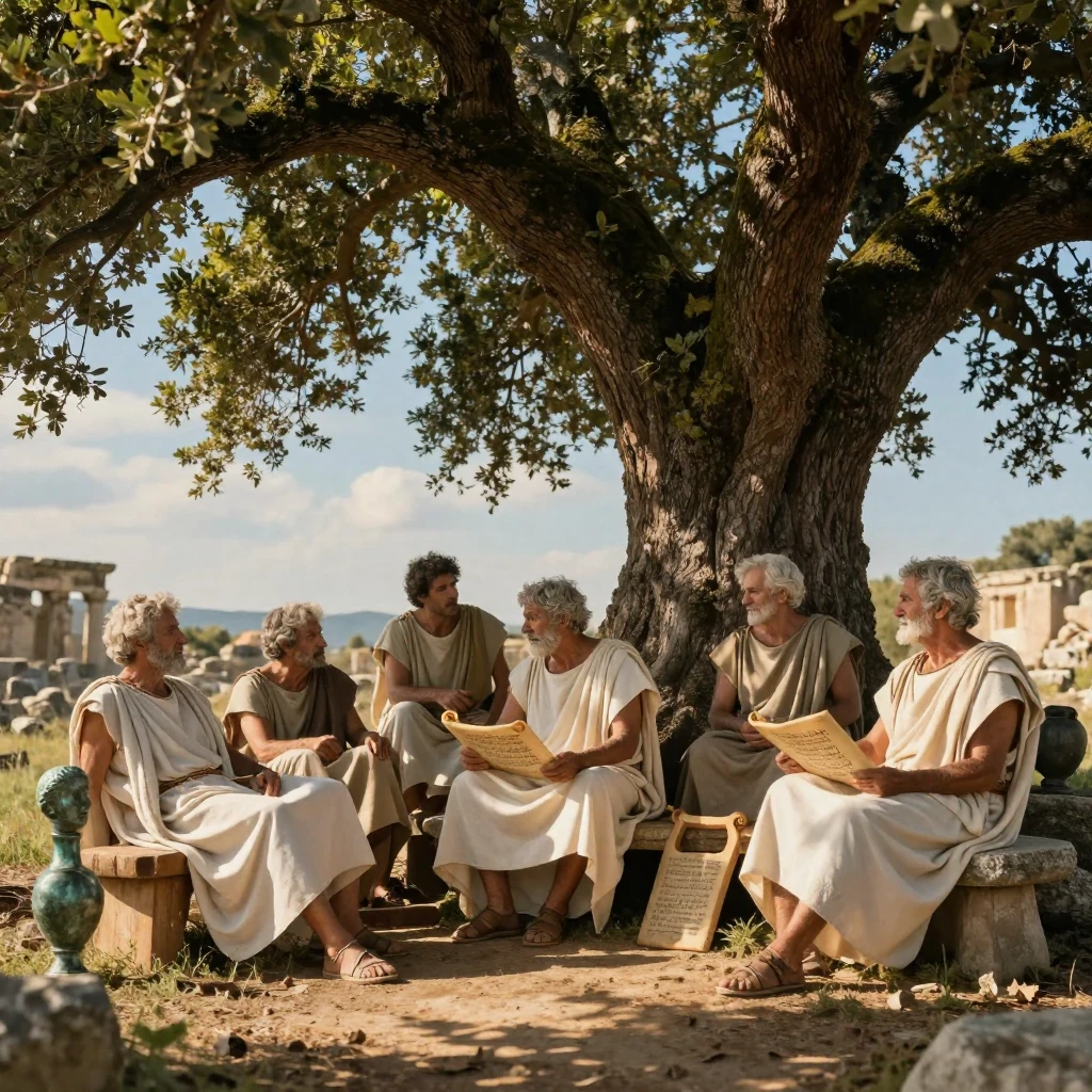A group of ancient Greek scholars resting beneath the shade of an old oak tree