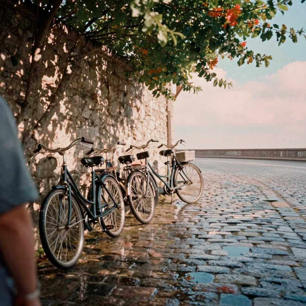 A row of bicycles leaning against a cobblestone wall, in dappled light filtering through leaves, just after a rain shower, with puddles reflecting the sky, as summer fades into fall, in vivid coral and turquoise hues, over the shoulder of the main subject.