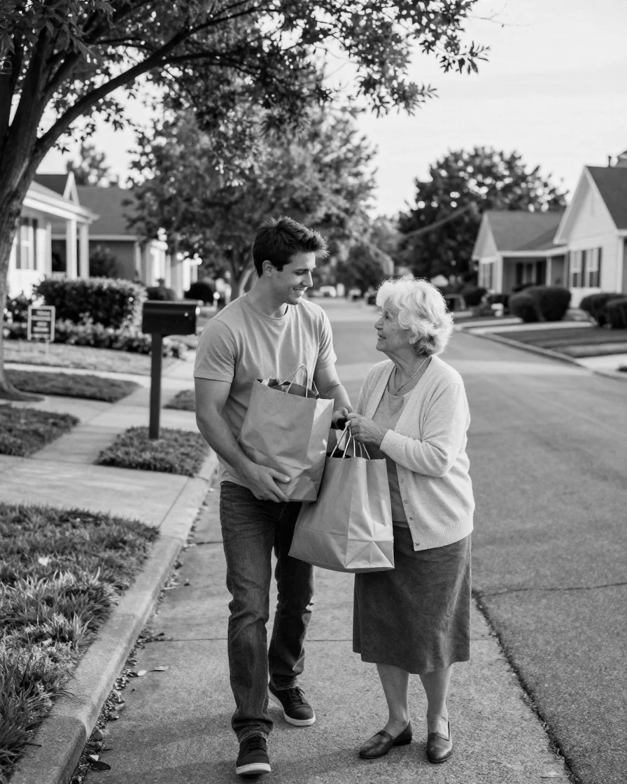 A young man helps his elderly neighbor carry groceries along a quiet suburban street.