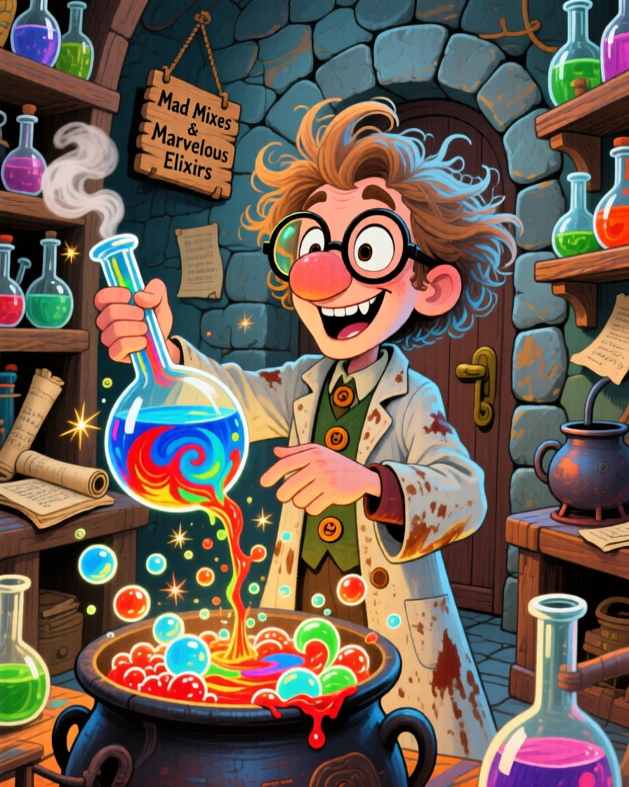 A young alchemist mixing swirling colorful potions in a cluttered stone laboratory.
