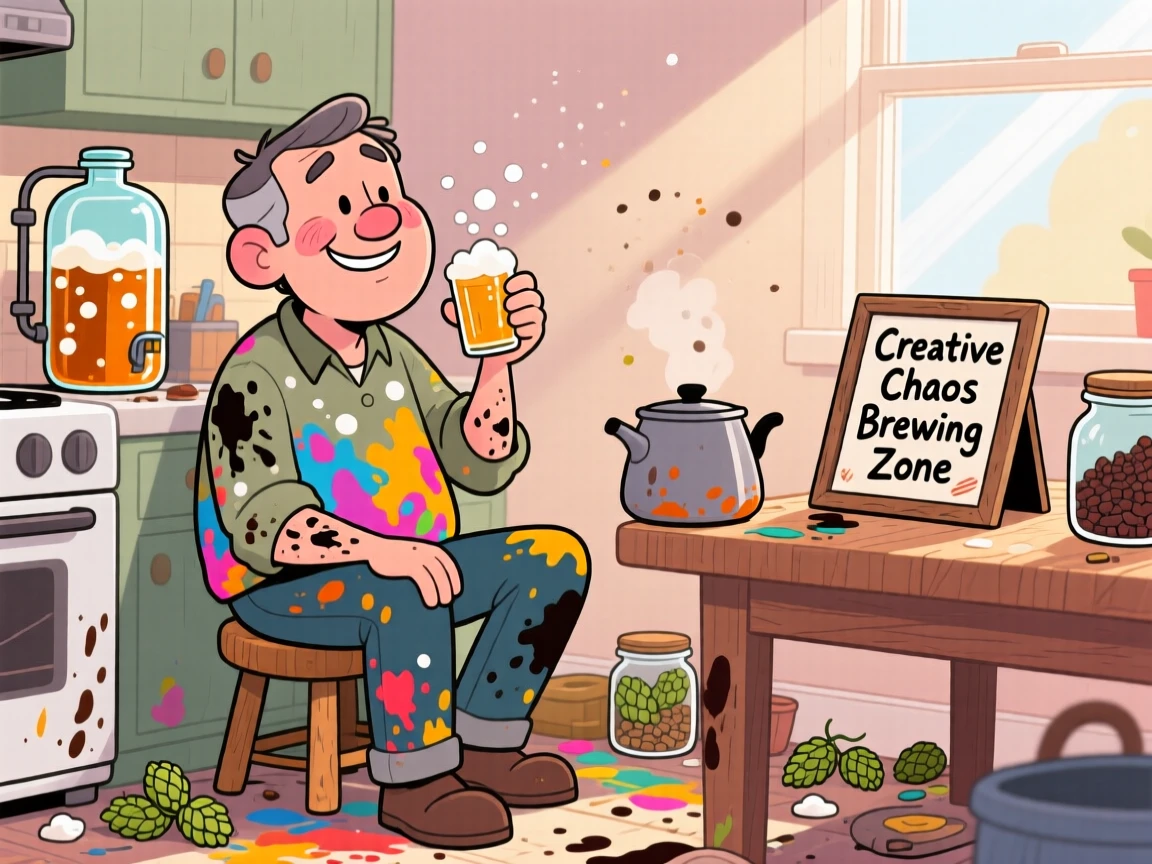 An everyday-life snapshot of a home brewer, taking a well-deserved break, covered in the mess of creativity, as soft light streams through a nearby window.