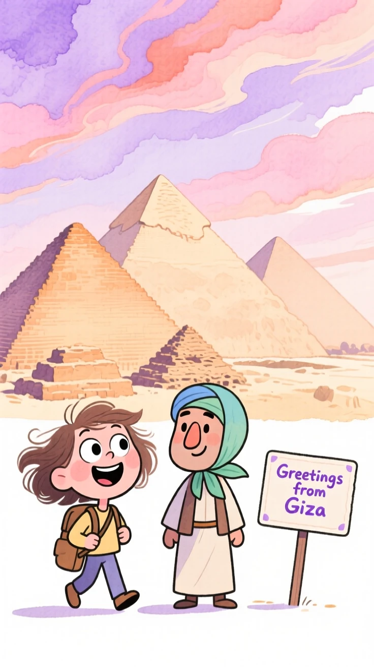 A dreamy travel postcard scene of the pyramids of Giza under a dramatic pastel sky