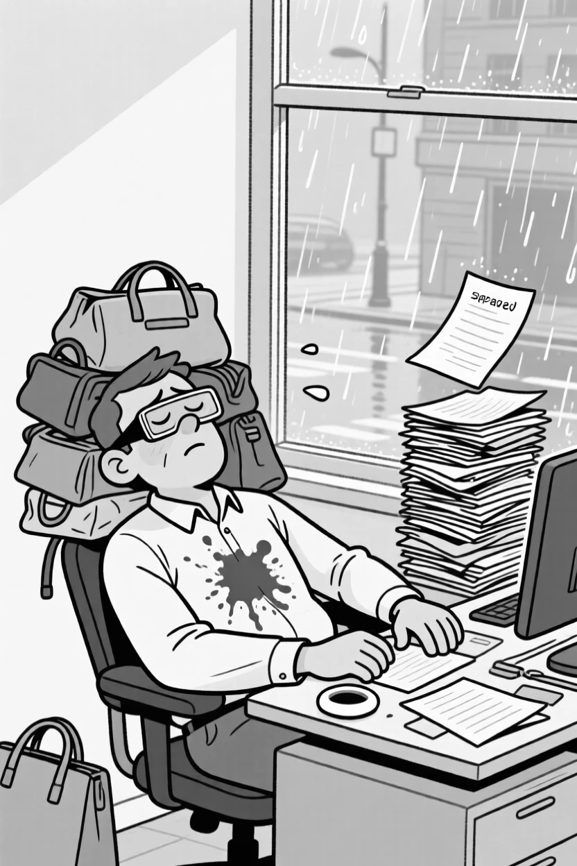 A office worker asleep at his desk with a coffee stain on his shirt, squinting hard as if x-ray vision might help, set on a rainy street with arms full of bags. A stack of ungraded papers teeters nearby. The image turns a small mishap into pure comic gold.