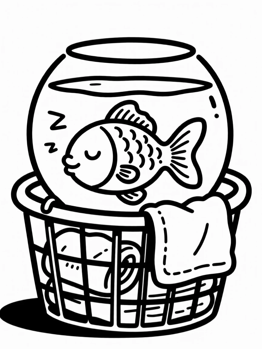 A goldfish in a bowl napping in a laundry basket full of warm clean towels.