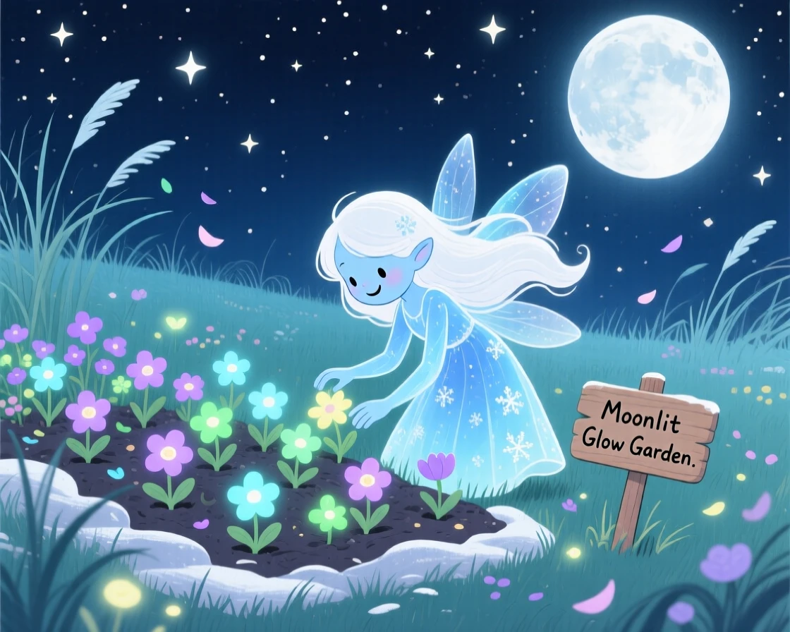 In a moonlit meadow, a snow spirit discovers a moment of wonder while planting a garden of glowing flowers, while a gentle breeze carries the scent of flowers.