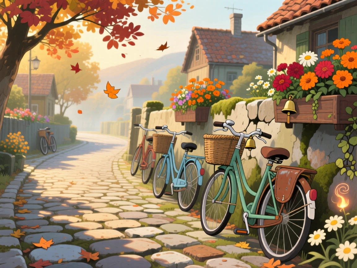 A cobblestone street lined with flower boxes, with bicycles leaning against a low stone wall, on a crisp autumn morning.