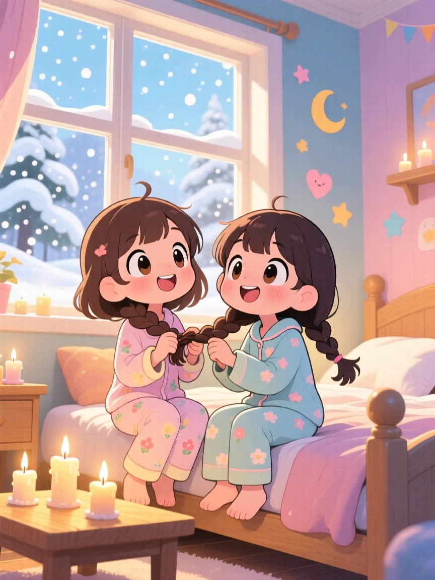 Low-angle shot looking up of twin sisters, braiding each other's hair, in a sunny bedroom, amid softly falling snow, illuminated by gentle candlelight, radiating wide-eyed wonder.