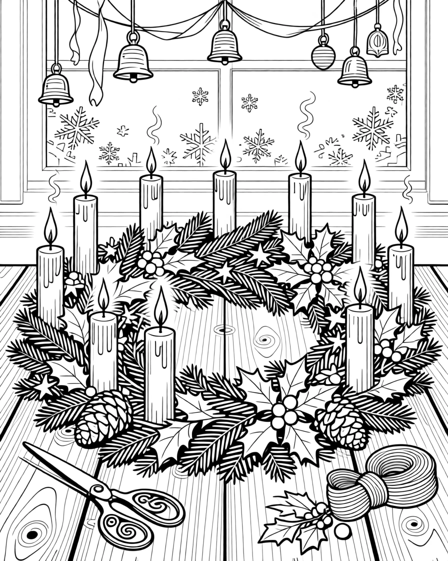 A winter solstice scene with candles arranged around a wreath.