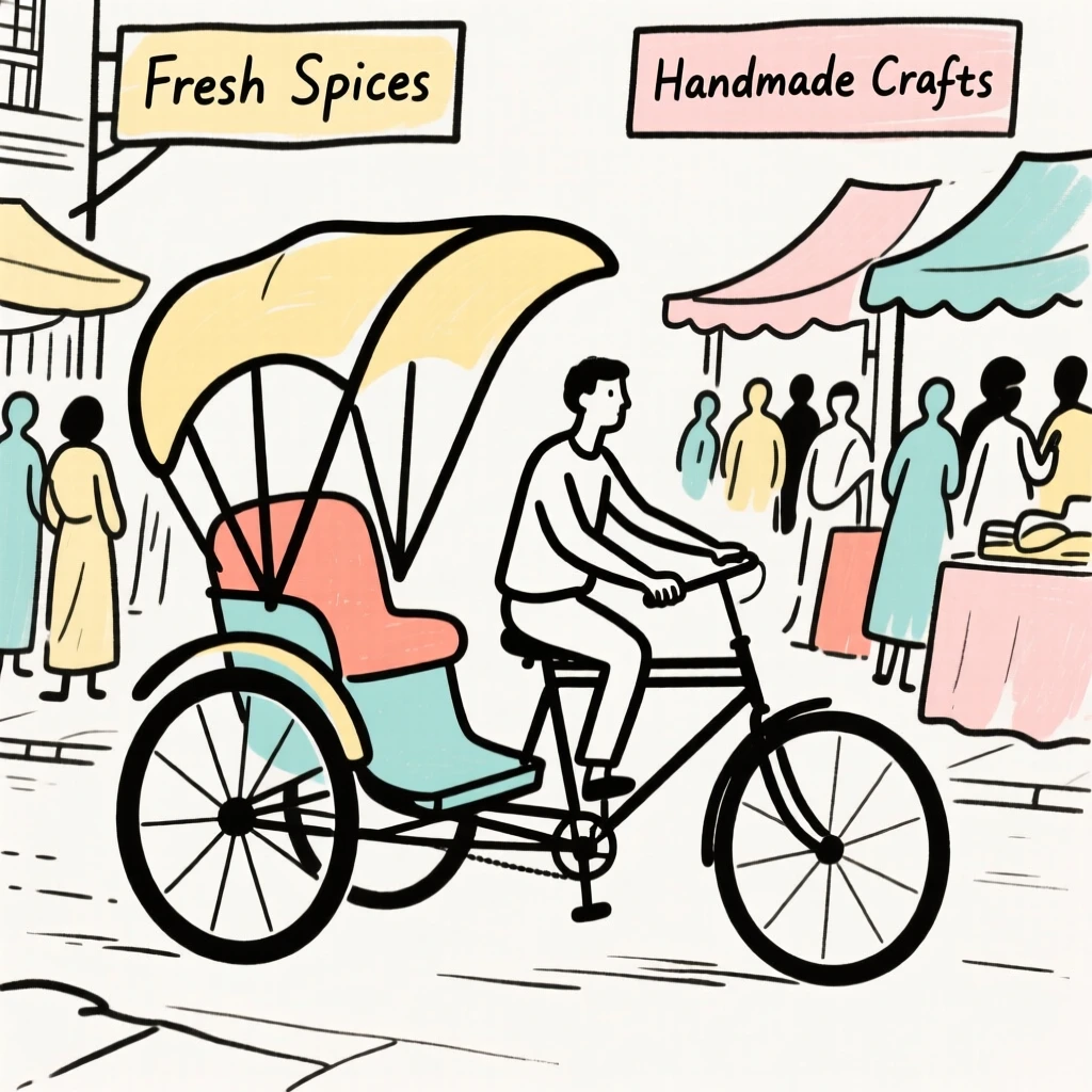 A rickshaw navigating a busy market street