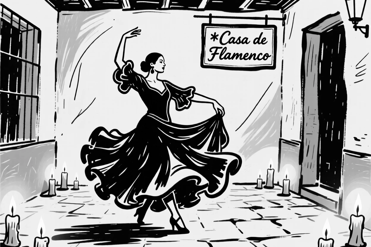 A flamenco dancer mid-performance in a candlelit Spanish courtyard.