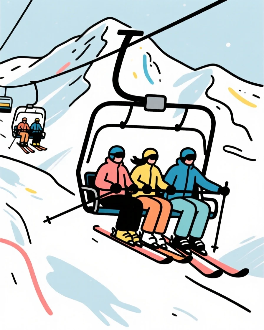 A group of skiers riding a chairlift up a snowy mountain.