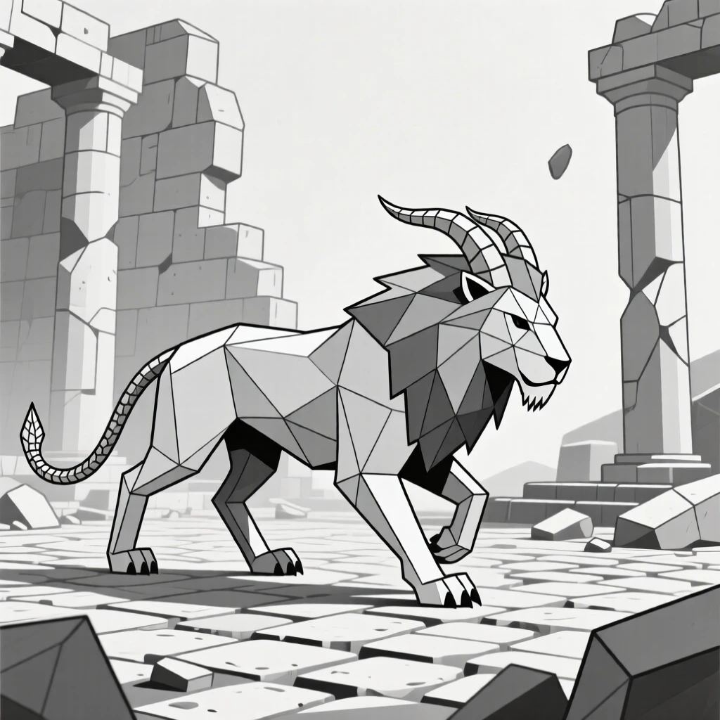 A chimera prowling through an ancient ruin
