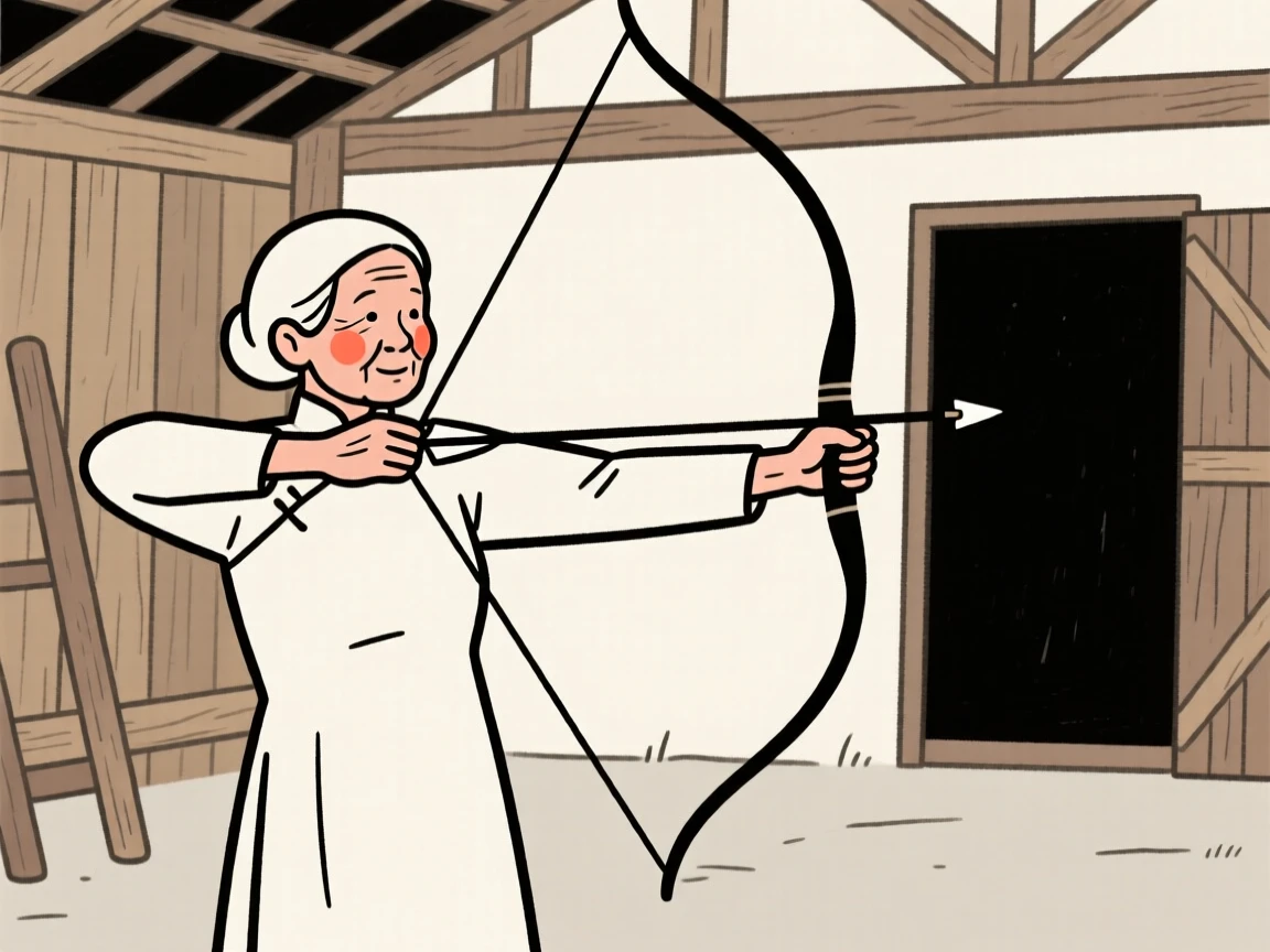 An elderly woman of Vietnamese heritage practicing archery at an outdoor range, in a rustic barn.