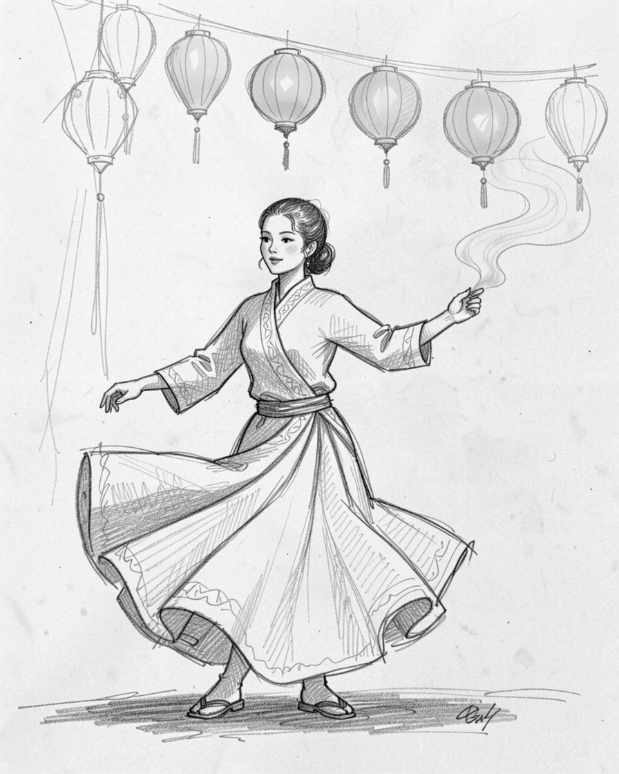 A rich travel moment capturing a woman in traditional dress dancing at a festival beneath strings of glowing lanterns, with incense smoke curling gently upward.