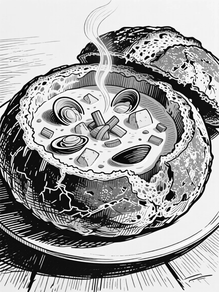 A bowl of fresh clam chowder served in a hollowed sourdough bread bowl.