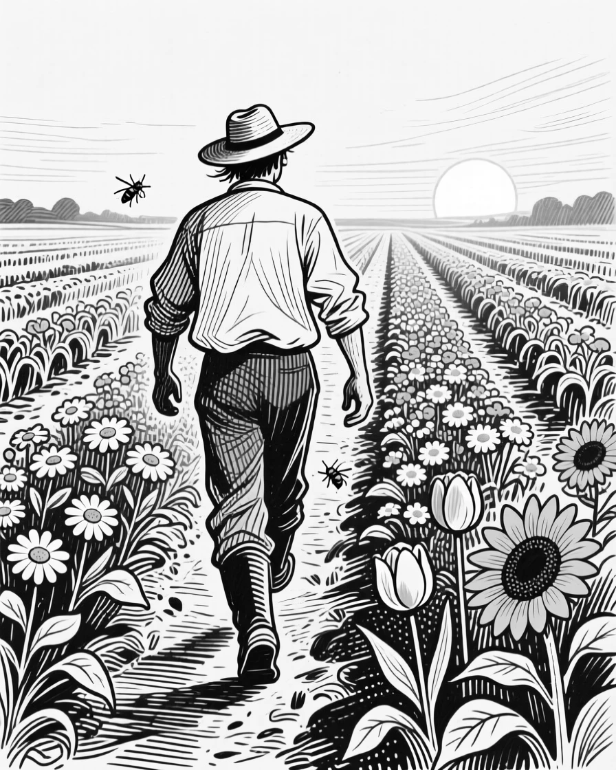 A farmer walking through rows of crops at dawn in a garden filled with blooming flowers, with a gentle breeze moving through their hair, creating a lighthearted and playful lifestyle scene.