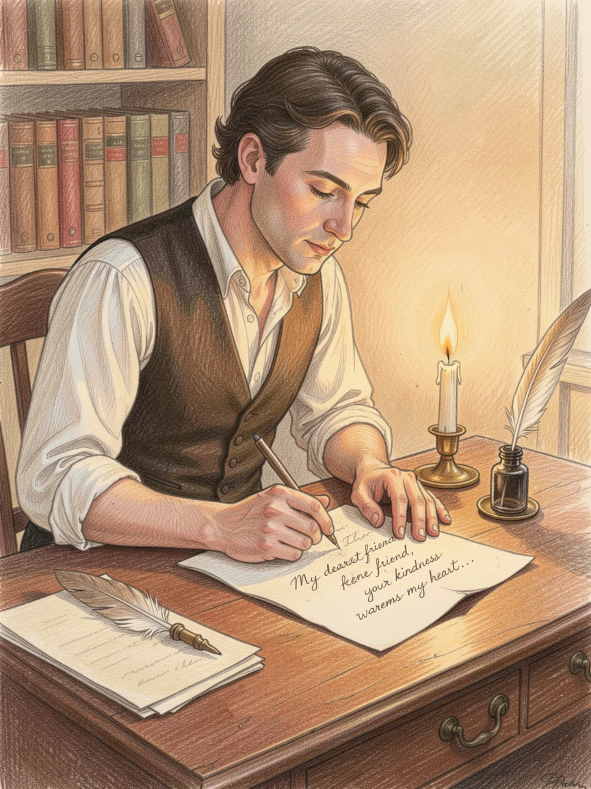 A writer composing a letter at an antique desk by candlelight, bathed in the warm glow of golden-hour light, evoking nostalgia and a deep sense of contentment.