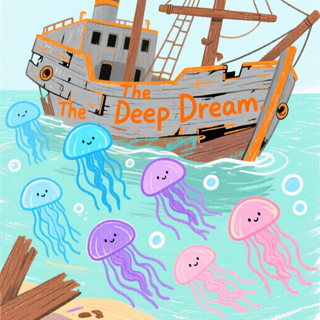 A school of glowing jellyfish swimming near a sunken shipwreck.