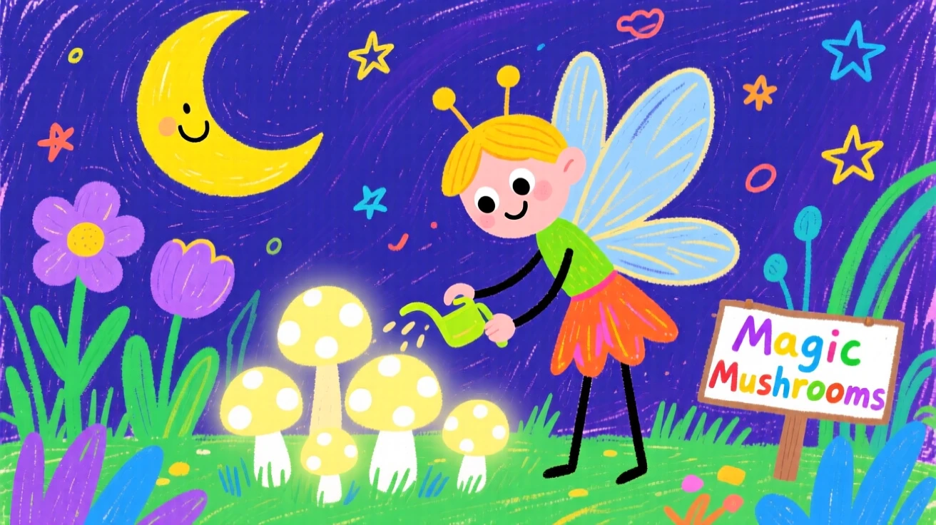 A fairy tending to glowing mushrooms in a moonlit garden.