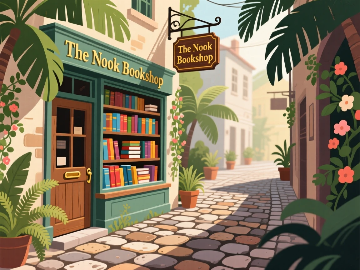 A charming bookshop tucked into a narrow cobblestone alley, surrounded by lush tropical greenery, arranged with layered depth from near to far, with a nostalgic, postcard-like charm.