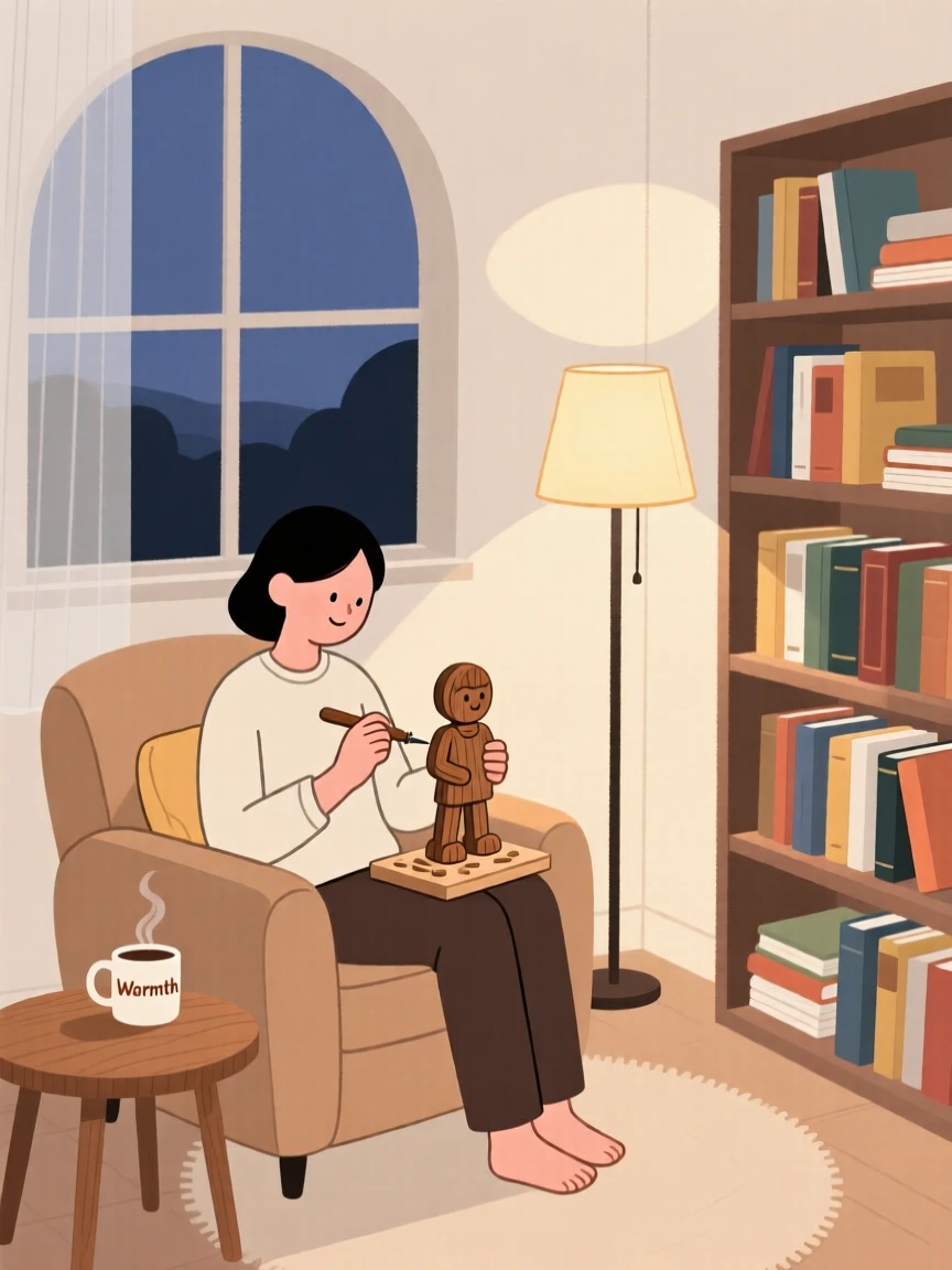 A person carving small figurines in a cozy reading nook.