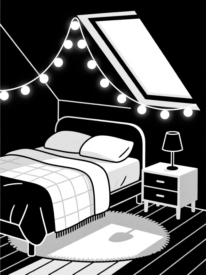 A cozy attic bedroom lit by string lights.