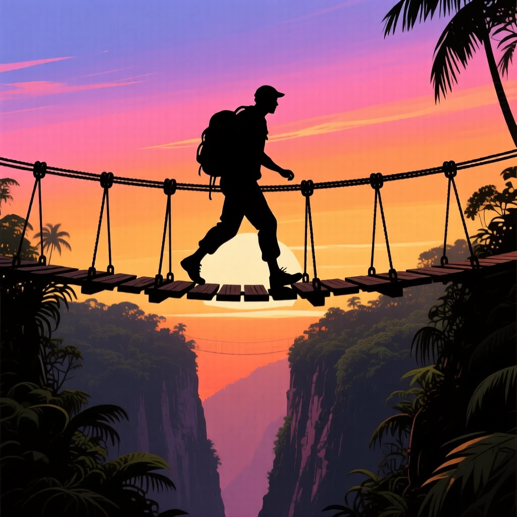 A traveler crossing a rope suspension bridge over a deep jungle ravine.