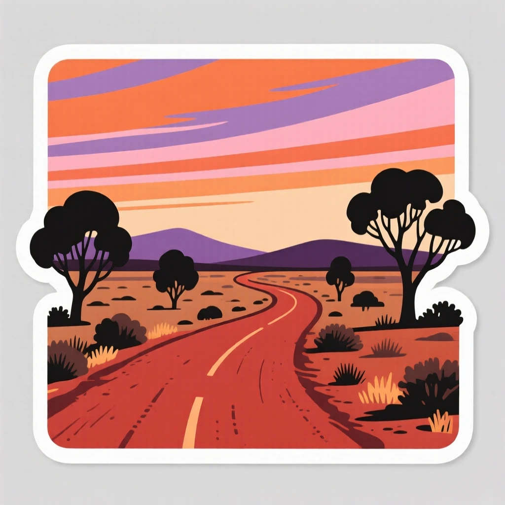 A charmingly authentic Australian outback with a red dirt road, under a sky streaked with warm colors, during the region's most beautiful season.