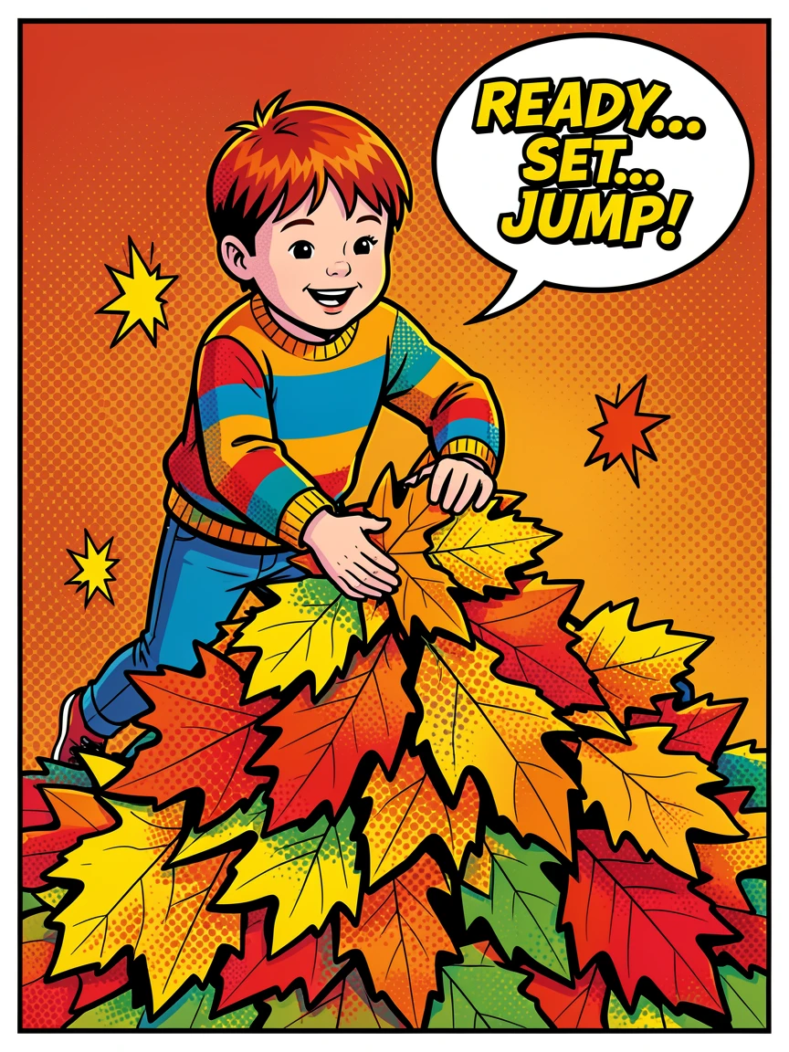 A child building a leaf pile before jumping into it