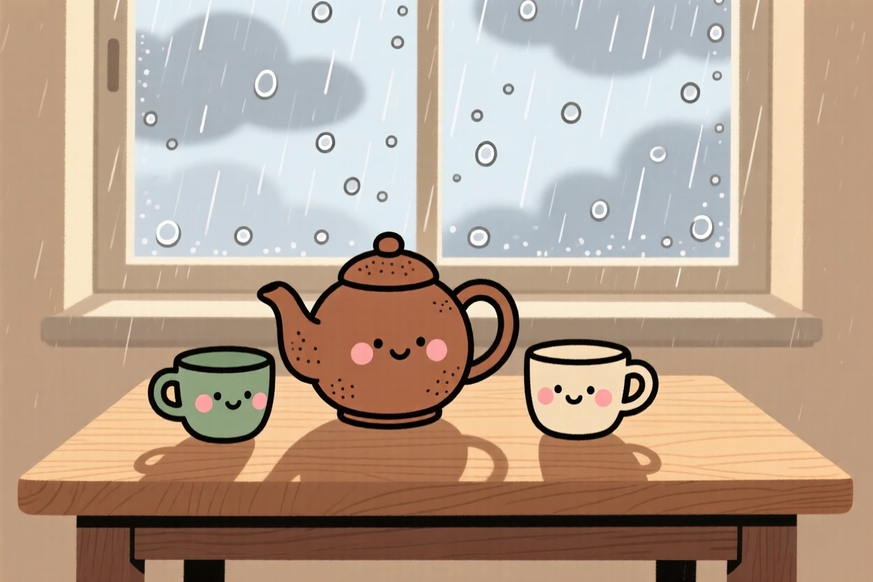A wooden table holds a simple arrangement of a teapot and two cups, lit softly by morning sun beside a rain-speckled pane.