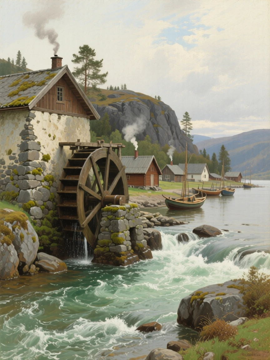 A grand panoramic scene of an old stone watermill beside a rushing stream, in a Nordic fishing village, in the 1930s.