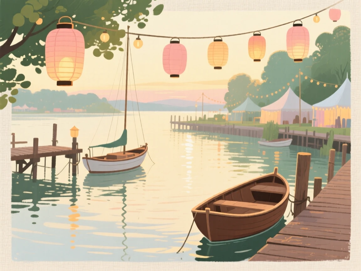 A quiet harbor lit by lanterns during a summer evening festival