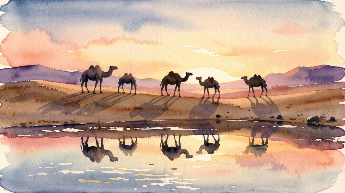 A camel trek silhouetted against a desert sunset at sunrise with reflections shimmering in the water below.