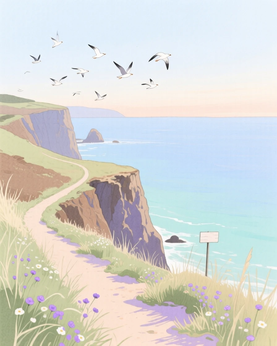 A serene view of a coastal cliffside path, as birds glide silently overhead, evoking calm and quiet reflection