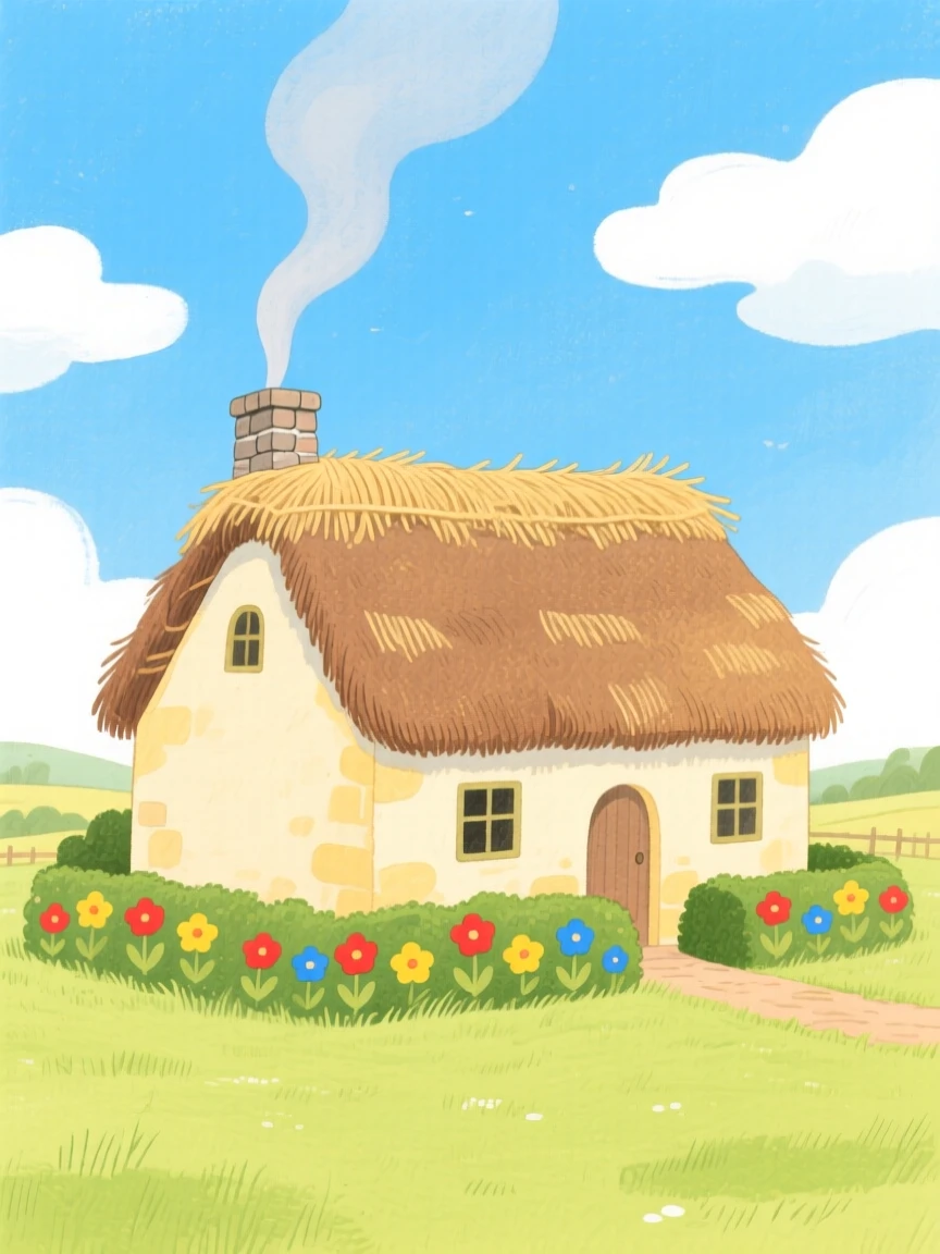 A peaceful view of a thatched-roof cottage with a smoking chimney.