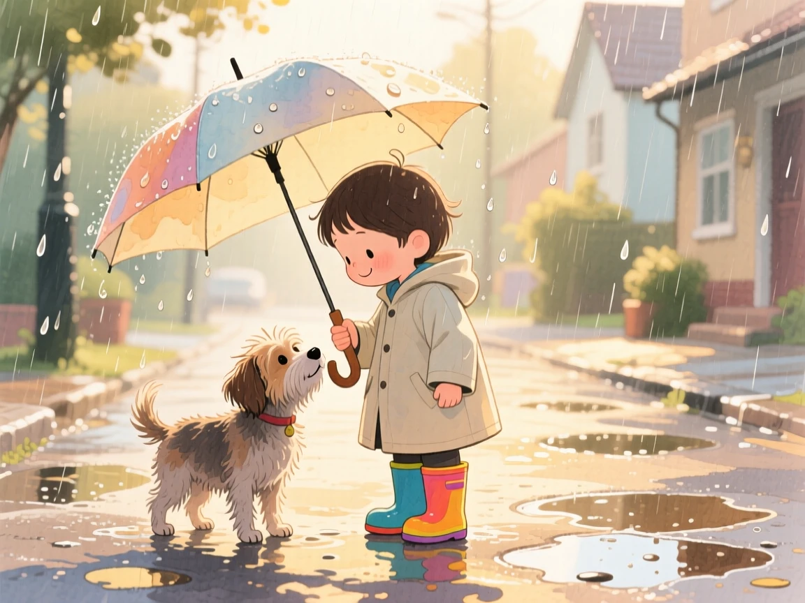 A child sharing their umbrella with a stray dog caught in the rain, bathed in warm afternoon sunlight, radiating kindness, hope, and heartfelt emotion.