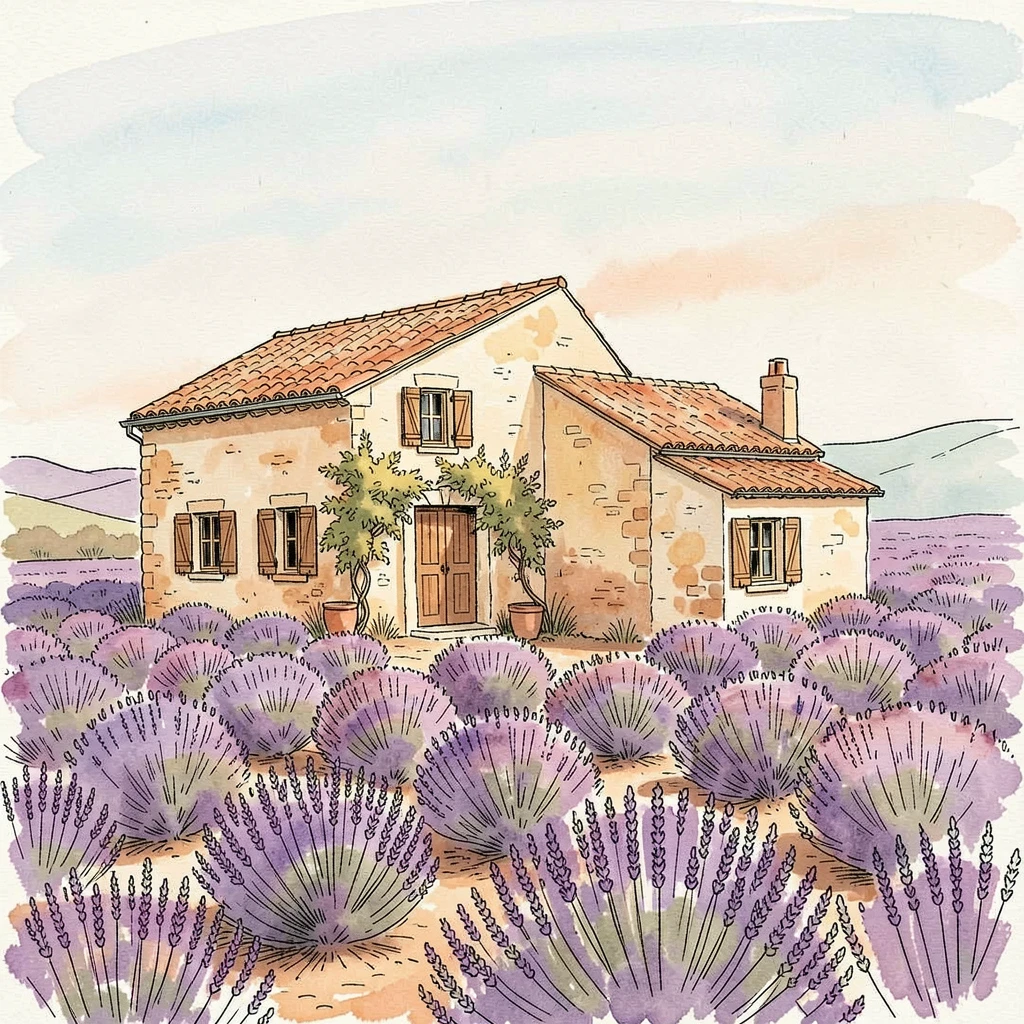 A quiet Provencal farmhouse surrounded by rows of lavender, warm afternoon light settling over the weathered stone and rooftops.