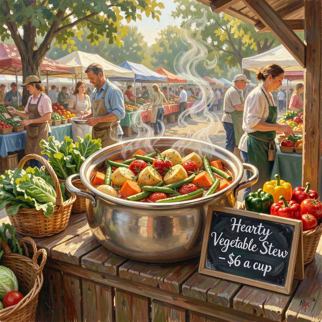 A steaming pot of hearty vegetable stew, steam rising gently into the air, at a bustling farmers market stall, on a lazy Sunday afternoon.