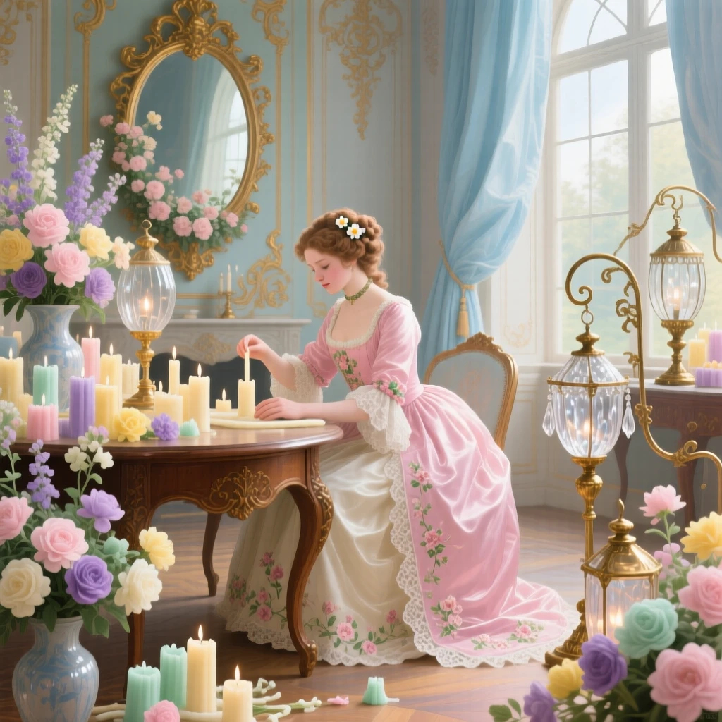 A candle maker surrounded by wax flowers and polished lanterns  
