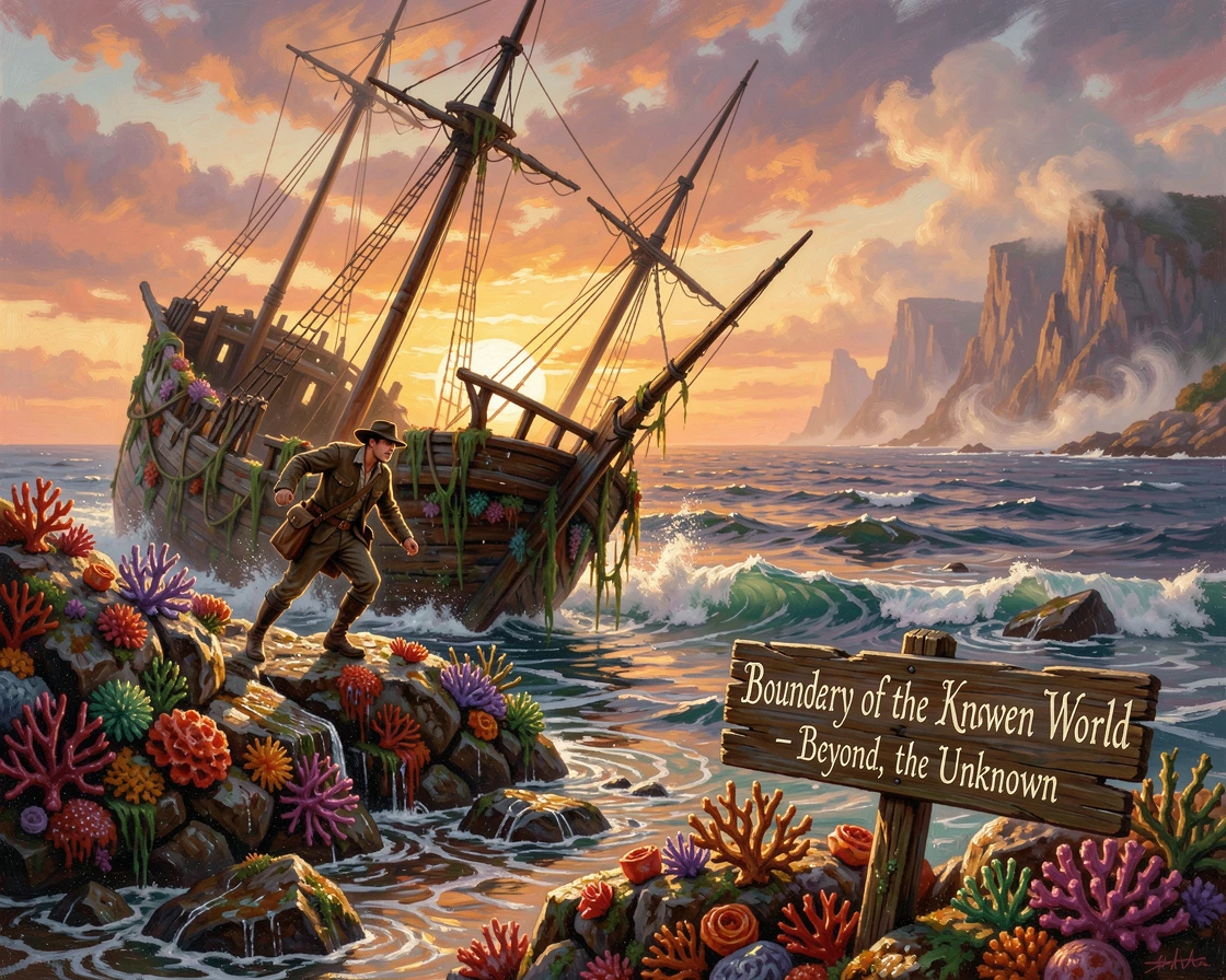 A brave scout climbs toward a sunken shipwreck on a coral reef at the edge of the known world.