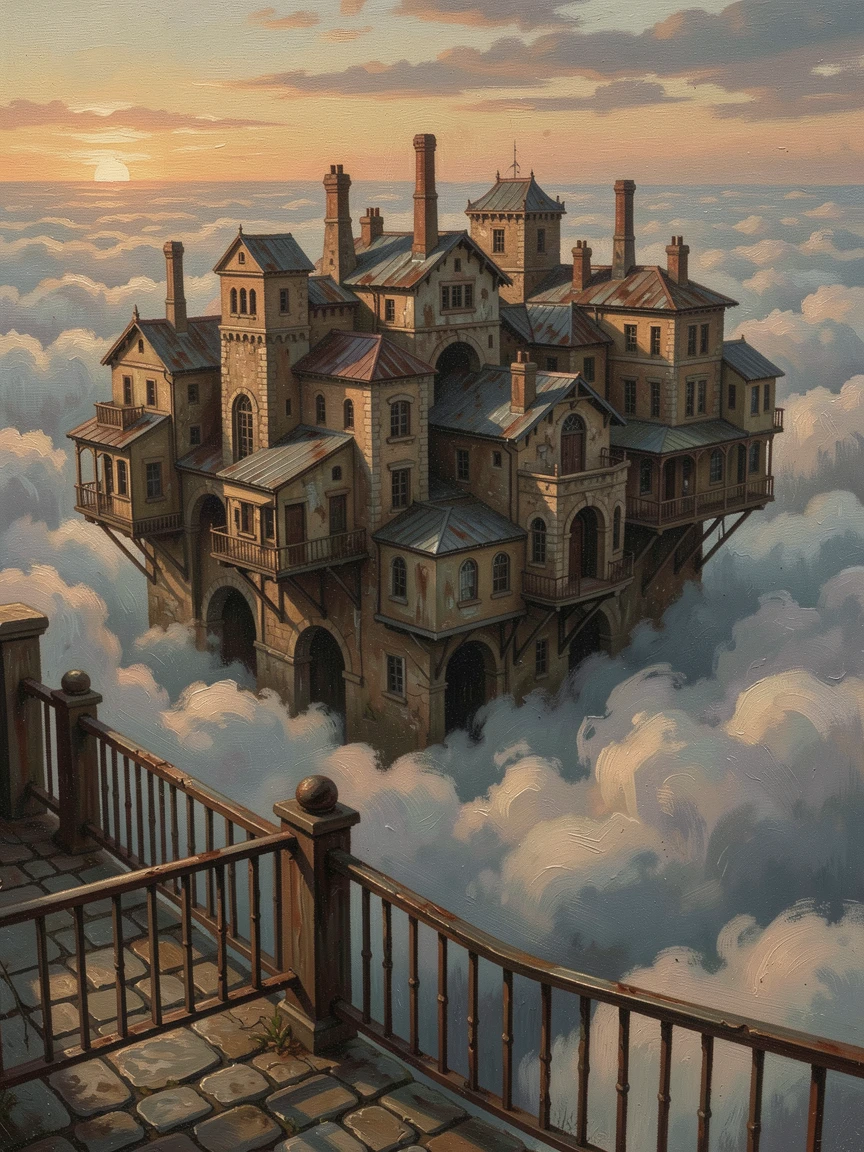 A floating city suspended above the clouds, catching the light of sunset, with weathered, realistic detail grounding the fantastical elements, offering a breathtaking escape into a beautifully rendered fantasy world
