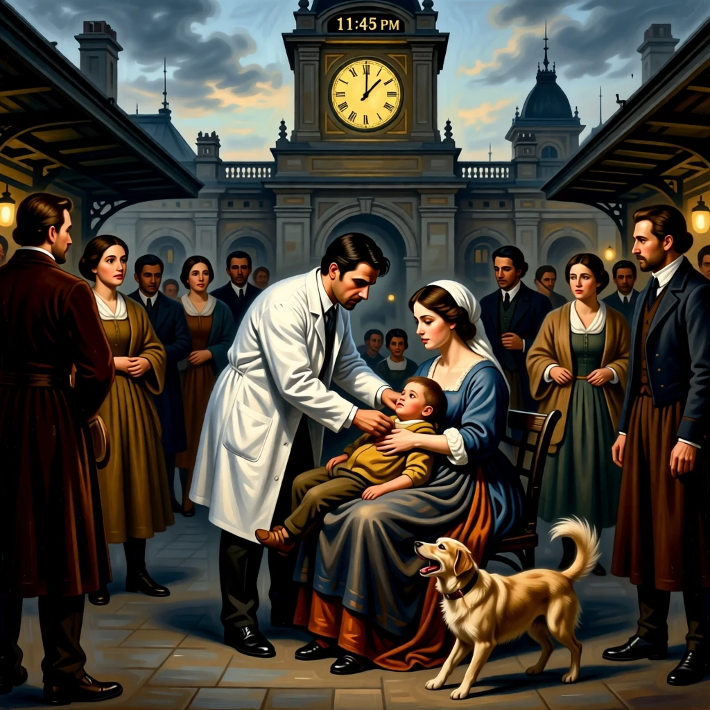 A physician tending to a feverish child through the night just as relief washes over every face, set at a crowded railway platform beneath a clock tower, with a small dog circling excitedly at the family's feet; the surrounding onlookers form a soft frame around the emotional core, radiating hope restored after long hardship.