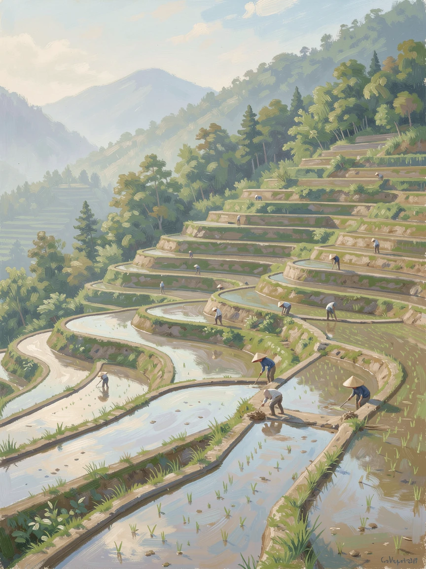 Terraced rice paddies cascading down a green mountainside, farmers in wide straw hats working among the flooded terraces, radiating serenity and gentle stillness.