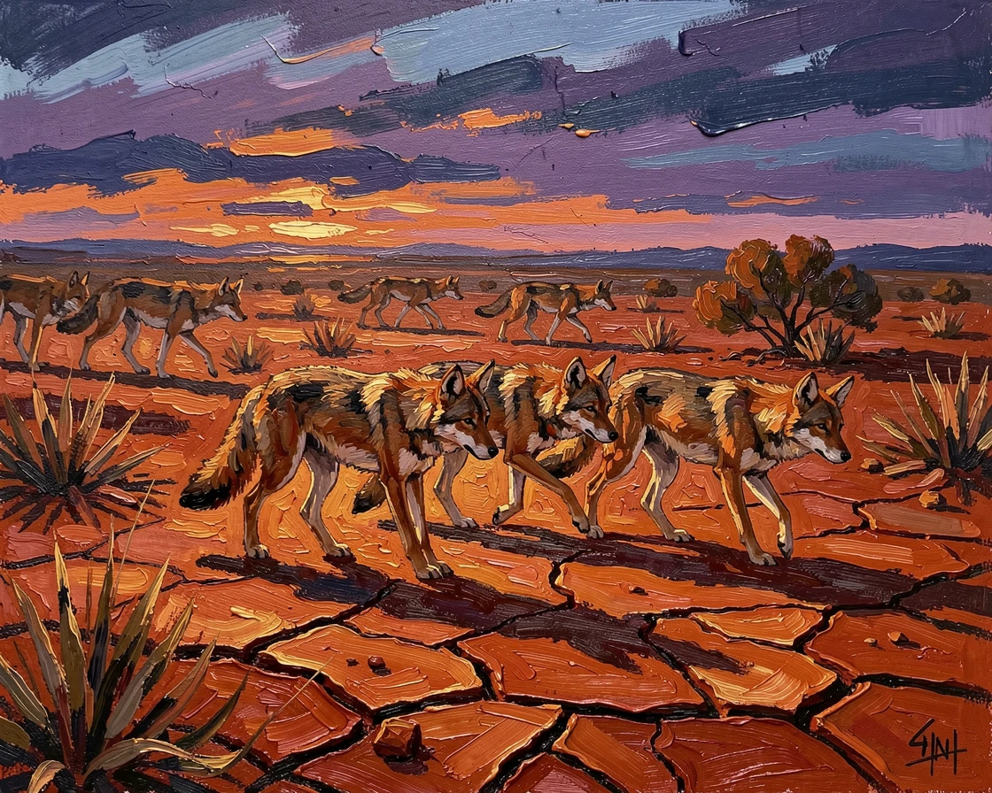 A pack of dingoes moving silently across the red earth of the outback at dusk.