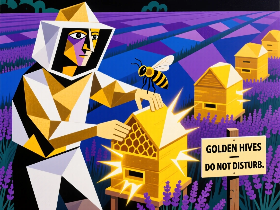 A beekeeper tending glowing golden hives at the edge of a lavender field.