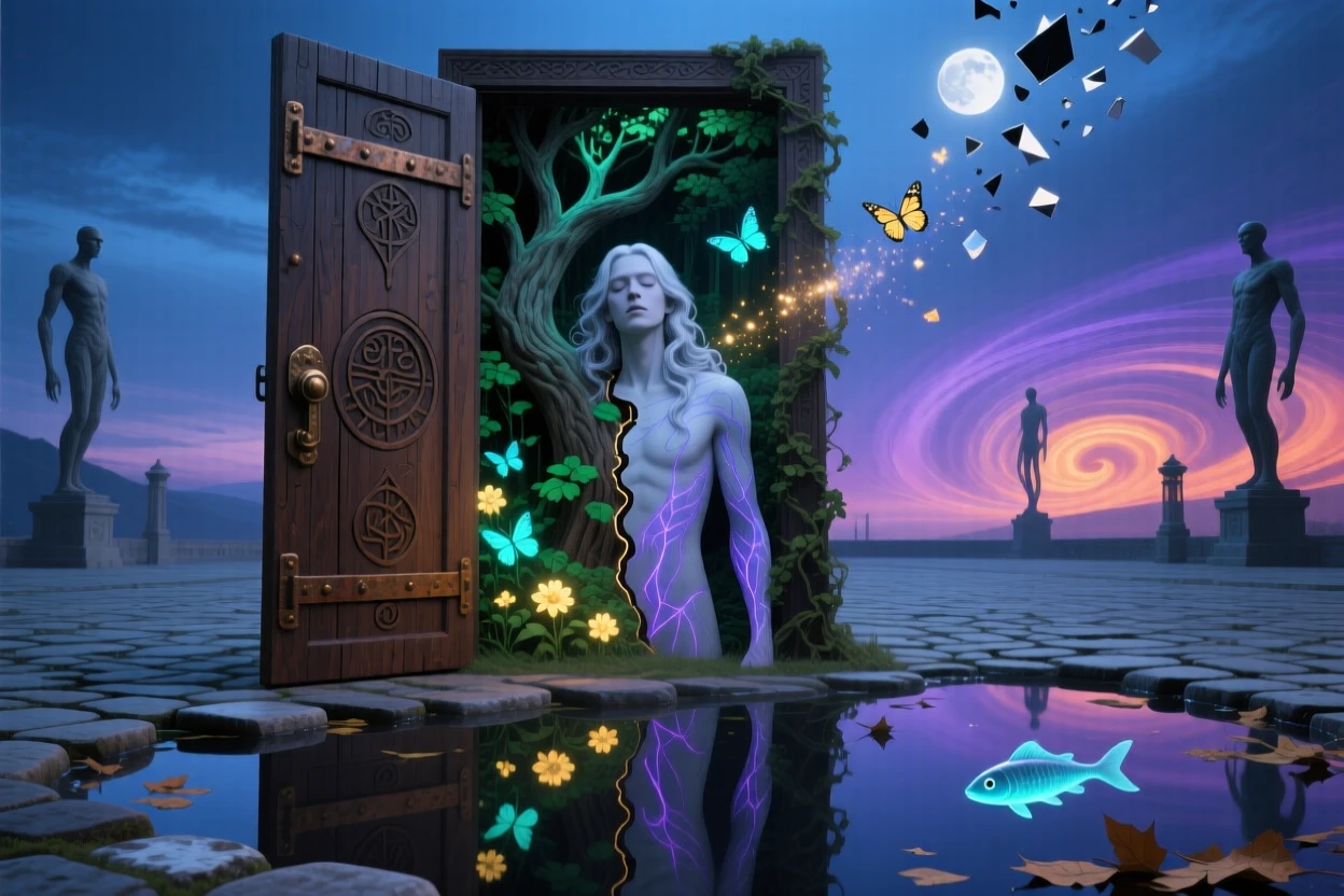 A figure whose chest opens like a door to reveal a forest stands motionless at the center of a quiet plaza, as the ground beneath them slowly turns to still water.