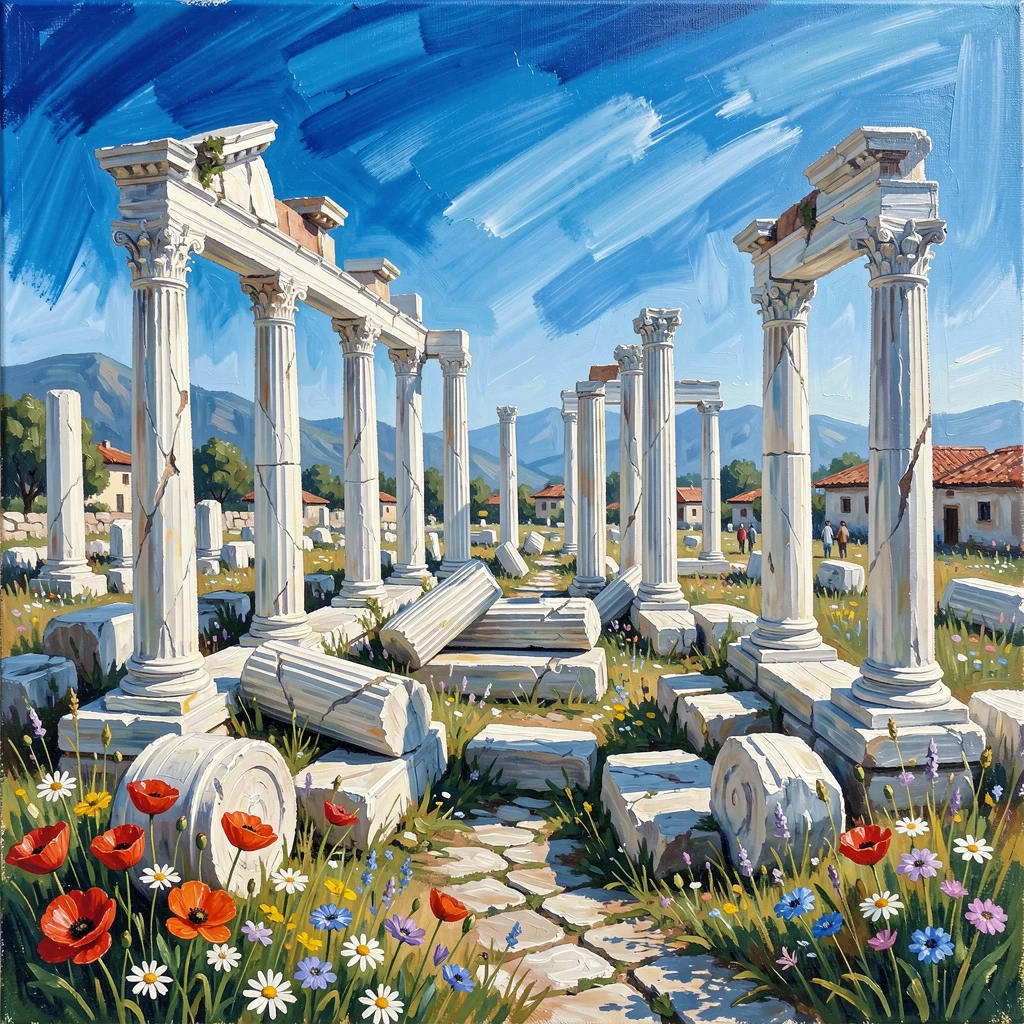 The white marble ruins of ancient Ephesus glow under a brilliant blue Turkish sky, columns rising among wildflowers and scattered fallen stones, the atmosphere feeling both timeless and quietly alive with the rhythms of daily life.