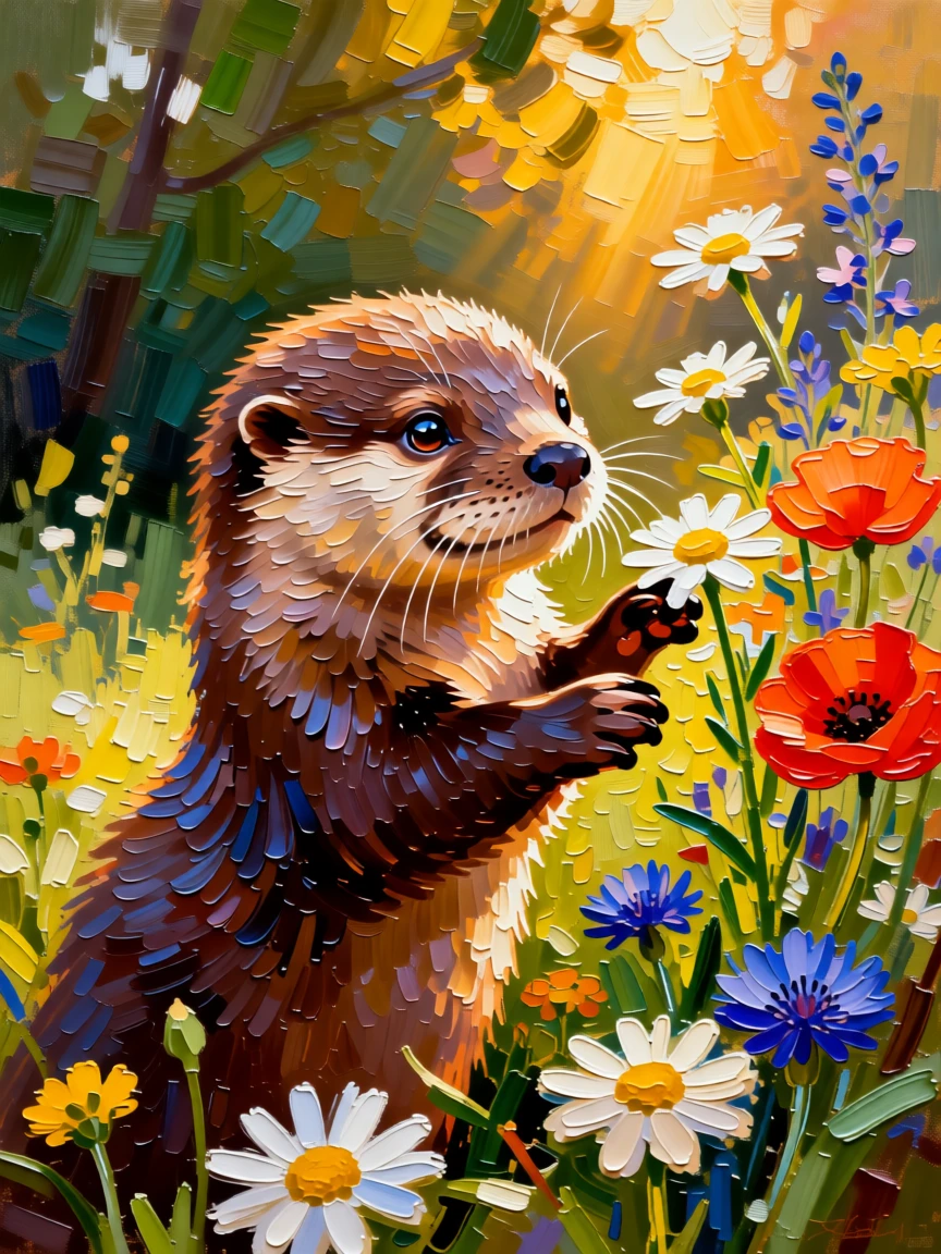 A heartwarming photo of a baby otter exploring a patch of wildflowers for the first time