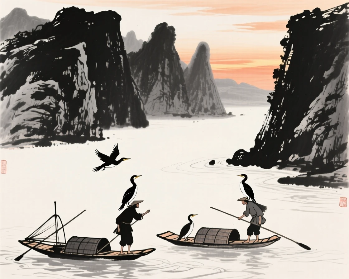 Cormorant fishermen work together on a river beneath tall cliffs, beneath a sky painted with the colors of sunset.